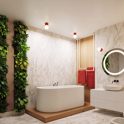 Applique murale Halo rouge vif IP44 au-dessus d'un îlot de cuisine
