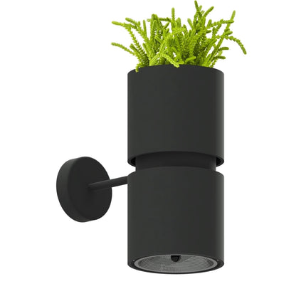 Applique murale jardinière noire montrant le spot GU10 orienté vers le bas et le bac à plante