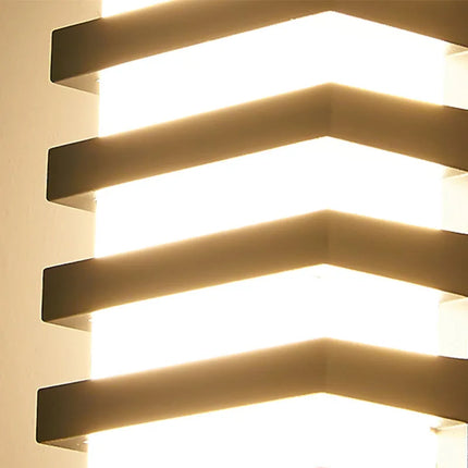 Gros plan sur la lumière chaude filtrant entre les stries de l'applique murale LED