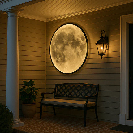 Applique murale lune LED sur un porche à côté d'une lanterne extérieure