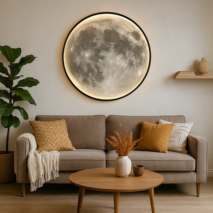 Applique murale lune LED au-dessus d'un canapé beige dans un salon clair