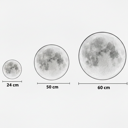 Schéma des trois diamètres de l'applique lune LED, 24, 50 et 60 cm
