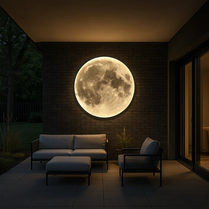 Applique murale lune LED éclairant une terrasse extérieure abritée la nuit