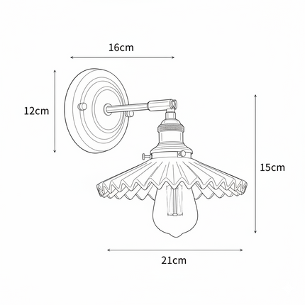 Schéma de cotes de l applique murale orientable en céramique, abat-jour 21 cm, hauteur 15 cm, platine 12 cm, saillie 16 cm