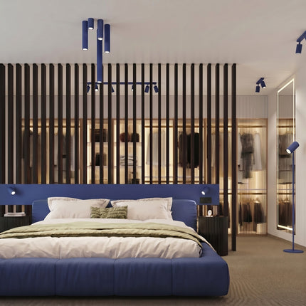 Applique Murale Orientable Oslo avec Interrupteur en Aluminium Cannelé Bleu Outremer, mise en situation