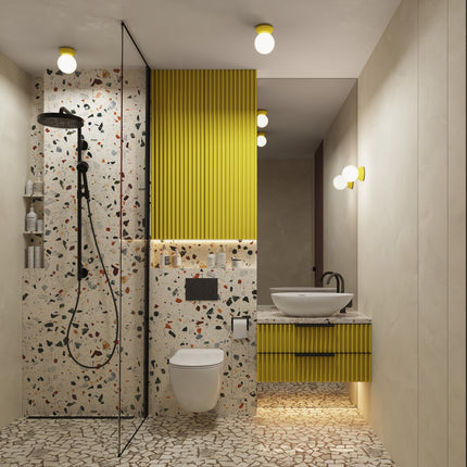 applique murale perle céramique jaune ambré ip44, vue d'ambiance