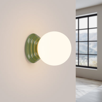 applique murale perle céramique vert olive ip44, lumière allumée
