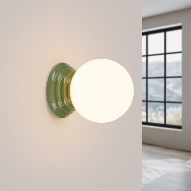 applique murale perle céramique vert olive ip44, lumière allumée