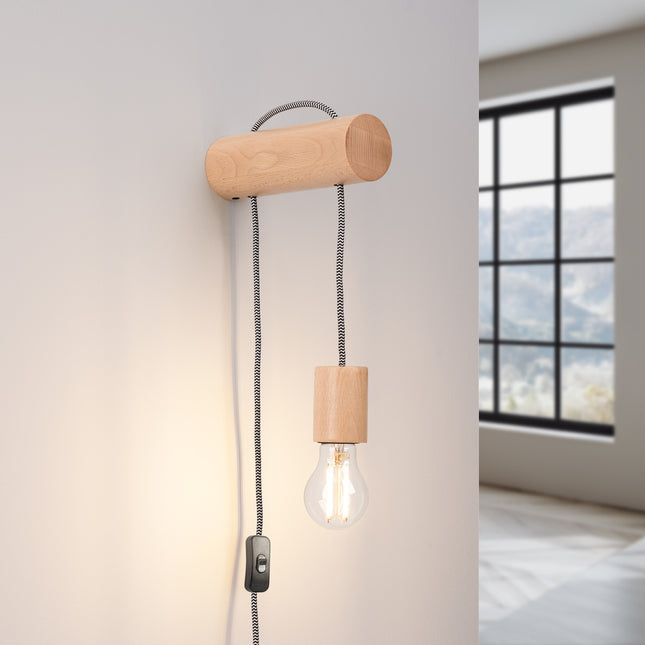 applique murale rondin de bois à douille suspendue et interrupteur, lumière allumée