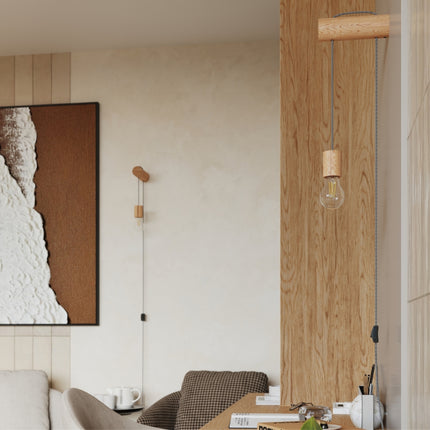 applique murale rondin de bois à douille suspendue et interrupteur, intérieur contemporain
