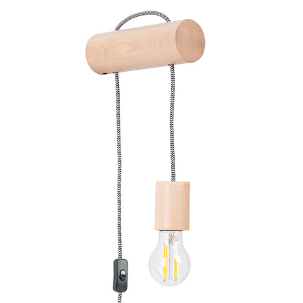 applique murale rondin de bois à douille suspendue et interrupteur, packshot sur fond blanc
