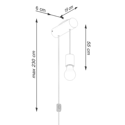 applique murale rondin de bois à douille suspendue et interrupteur, schéma de cotes