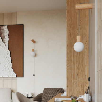 applique murale rondin de bois à globe opale et interrupteur, intérieur contemporain