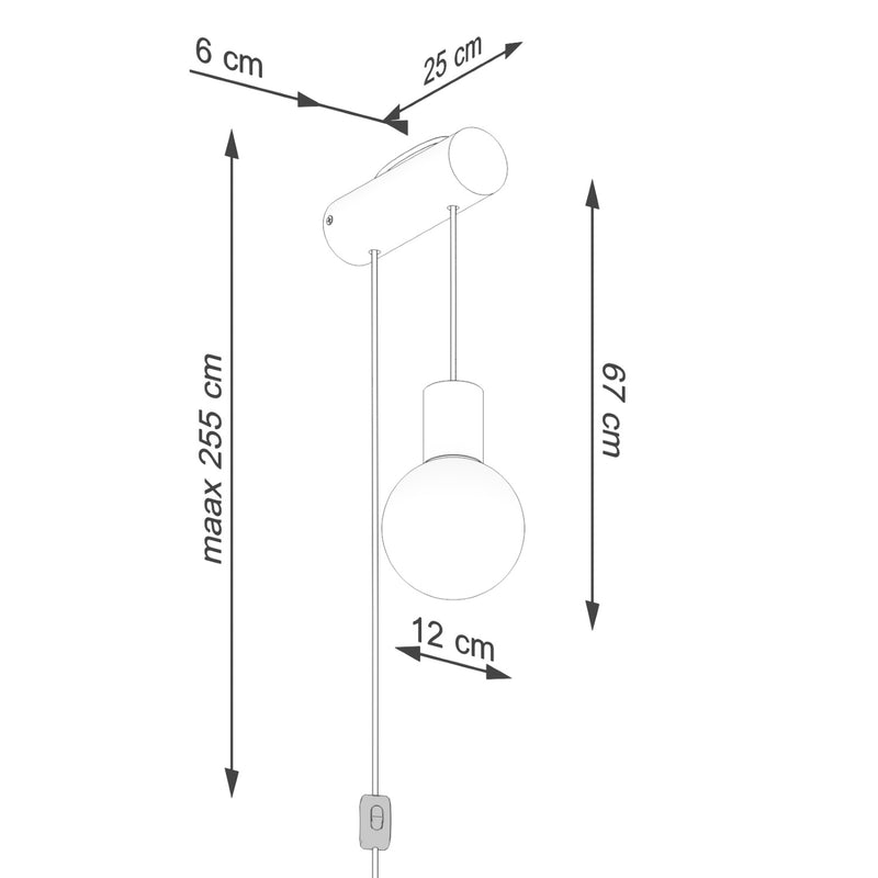 Dimensions Applique Murale Rondin de Bois à Globe Opale et Interrupteur