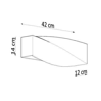 Schéma coté de l'applique Sigma : 42 cm de long, 14 cm de haut, 12 cm de profondeur