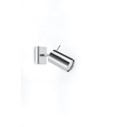 Applique murale à spot cylindrique orientable en acier chromé brillant sur platine carrée, fond blanc