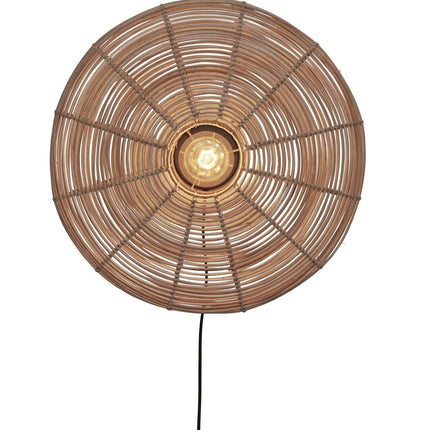 Front product shot of the lit natural woven rattan Tanami wall light, white background