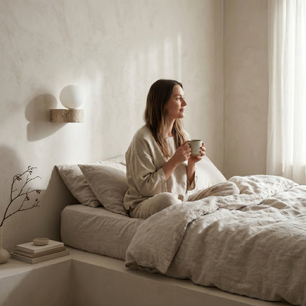 Applique murale travertin globe opale dans une chambre japandi avec femme assise sur le lit tenant un mug