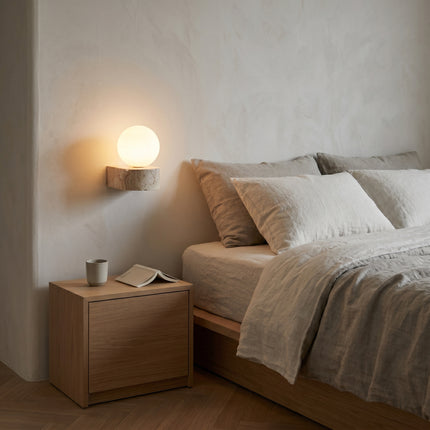 Applique murale travertin globe opale chevet chambre japandi éclairage soir ambiance cosy