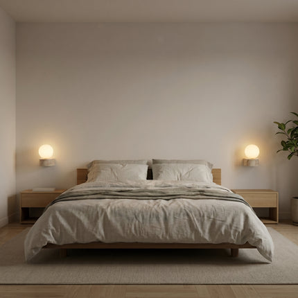 Deux appliques murales travertin globe opale montées symétriquement de chaque côté d'un lit dans une chambre épurée
