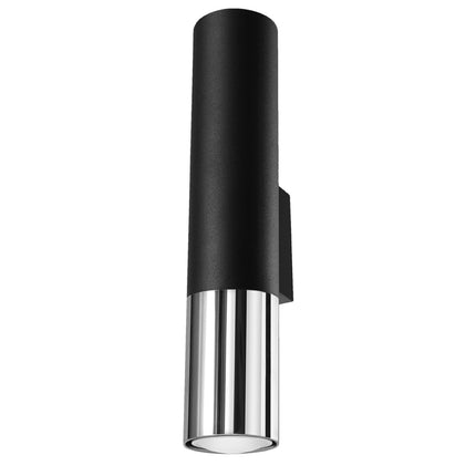 Applique murale tube Duo en acier noir mat et chrome poli, vue de face sur fond blanc