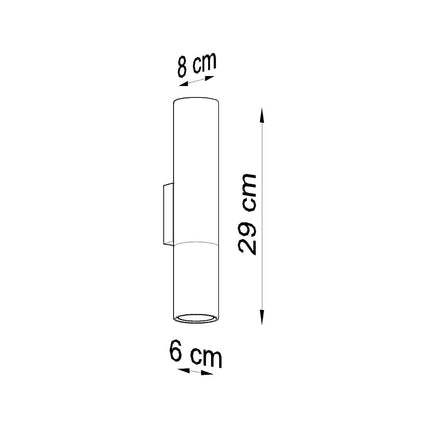 Schéma des dimensions de l'applique murale tube Duo, hauteur 29 cm, diamètre 6 cm, saillie 8 cm