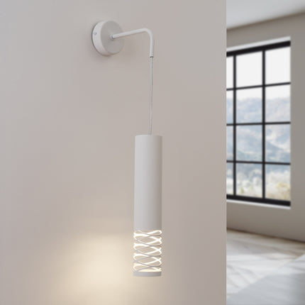 applique murale tube suspendu à embout ajouré spirale blanc, lumière allumée