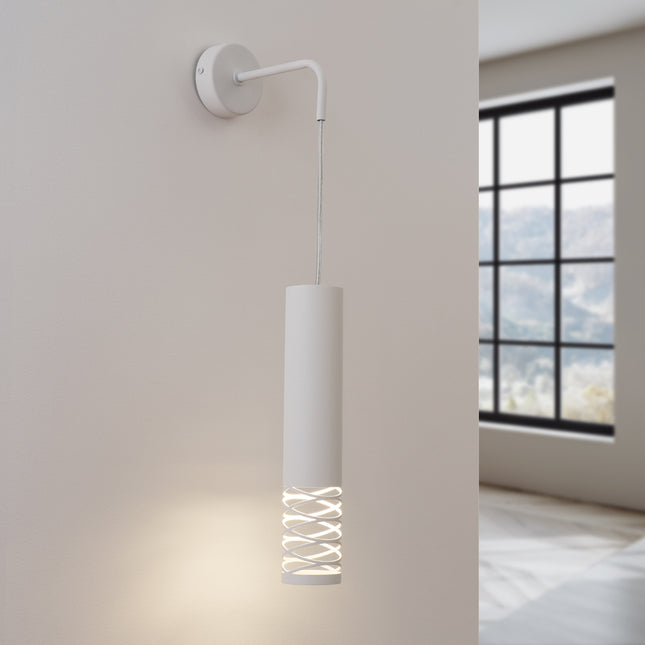 applique murale tube suspendu à embout ajouré spirale blanc, lumière allumée