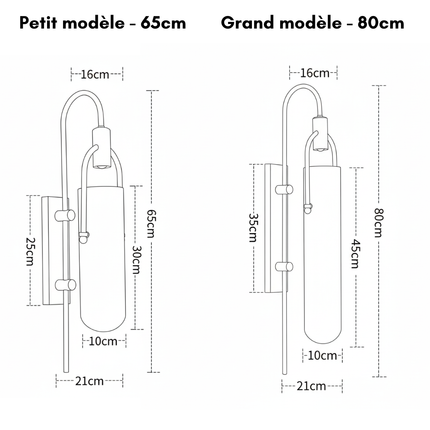 Schéma comparatif des tailles 65 cm et 80 cm de l'applique murale en verre opalin et métal noir