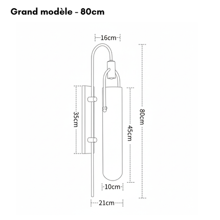 Schéma coté du grand modèle 80 cm de l'applique murale en verre opalin et métal noir