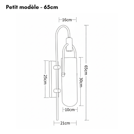 Schéma coté du petit modèle 65 cm de l'applique murale en verre opalin et métal noir