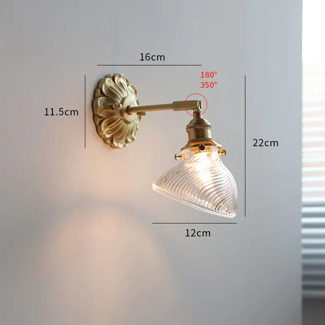 Schéma des dimensions de l'applique murale en verre strié et laiton, hauteur 22 cm et bras orientable