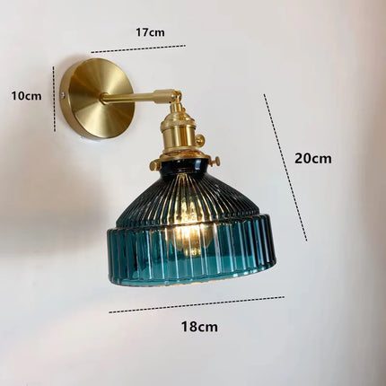 Schéma des dimensions de l'applique murale en verre strié bleu canard, abat-jour et bras cotés