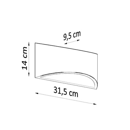 Schéma de dimensions de l'applique Vixen céramique : 31,5 cm de long, 14 cm de haut, 9,5 cm de profondeur