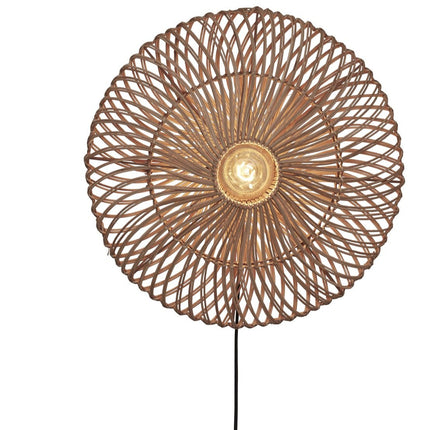 Product shot on white background of the natural woven rattan Zanzibar wall light with black textile cable