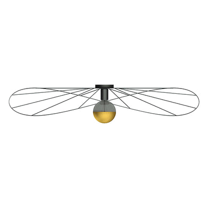 Applique plafonnier circulaire filaire noir de 110 cm vu de profil, ampoule globe centrale