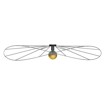 Applique plafonnier circulaire filaire noir de 140 cm vu de profil, ampoule globe centrale