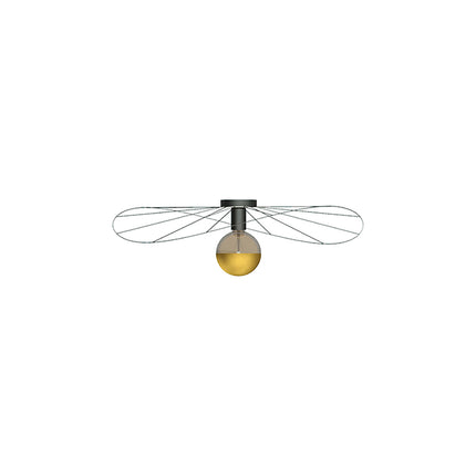 Applique plafonnier circulaire filaire noir vu de profil avec ampoule globe centrale, fond clair