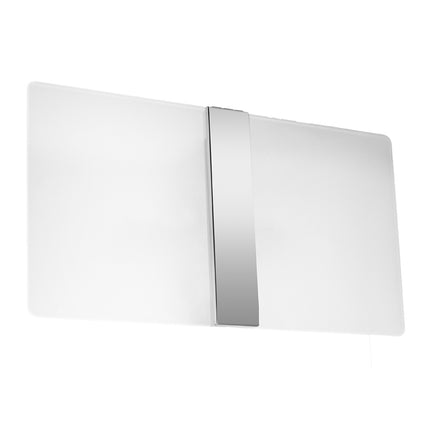 Applique rectangulaire en verre blanc avec bande chromée centrale, photographiée sur fond neutre.