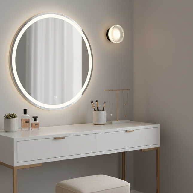 Applique murale ronde noire allumée au-dessus d'une coiffeuse blanche avec miroir rond lumineux