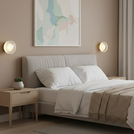Deux appliques rondes dorées allumées de part et d'autre d'une tête de lit scandinave