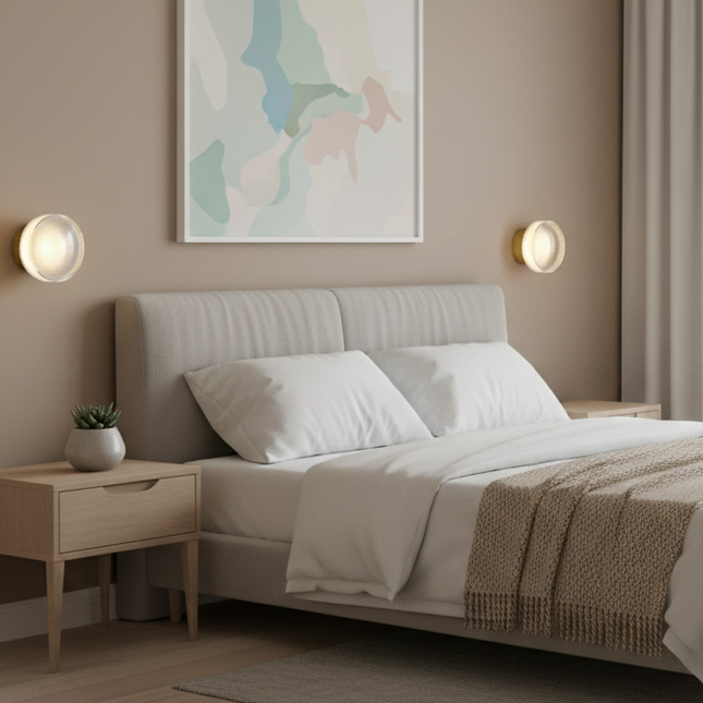 Deux appliques rondes dorées allumées de part et d'autre d'une tête de lit scandinave