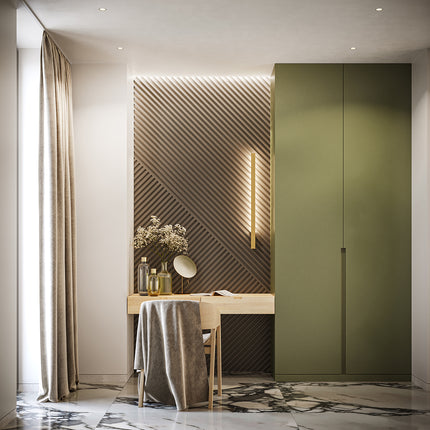 Applique Slim Design allumée près d'une coiffeuse dans une chambre contemporaine