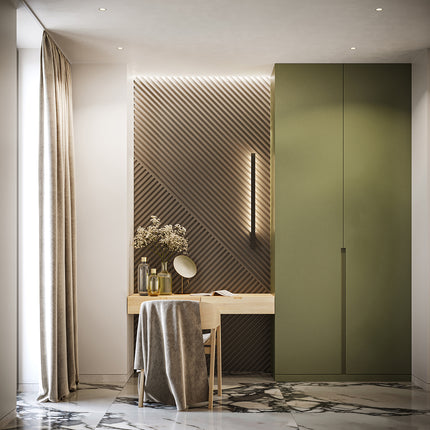 Applique Slim Design allumée près d'une coiffeuse dans une chambre contemporaine