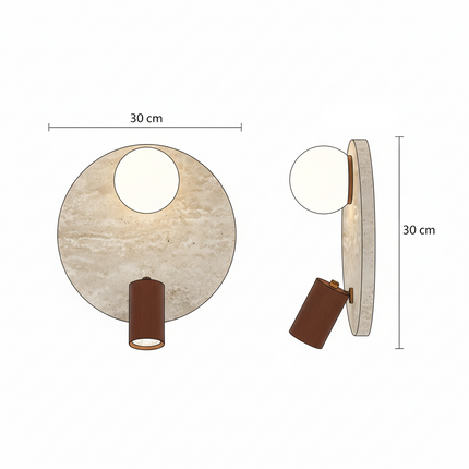 Détail du projecteur en bois de noyer orientable sur la platine ronde en travertin