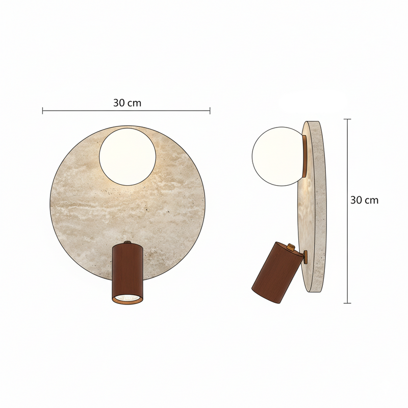 Dimensions Applique Murale en Travertin, Globe en Verre et Projecteur en Bois