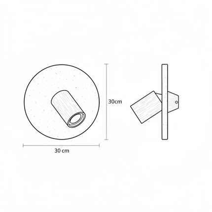 Schéma coté de l'applique en travertin, disque de 30 cm de diamètre et projecteur en bois