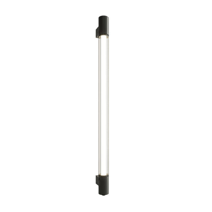Applique murale tube lumineux noir allumée, tube de verre et embouts noirs, packshot fond blanc