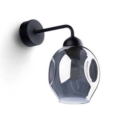 Applique murale verre creusé fumé noir, globe en verre soufflé et bras en acier noir mat