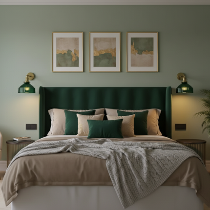 Appliques murales en verre vert et laiton en tête de lit dans une chambre aux murs vert sauge